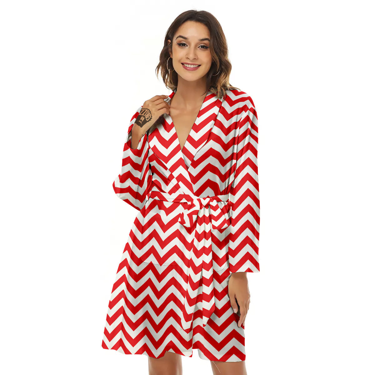 Red Zigzag Print Pattern Women's Robe-grizzshop