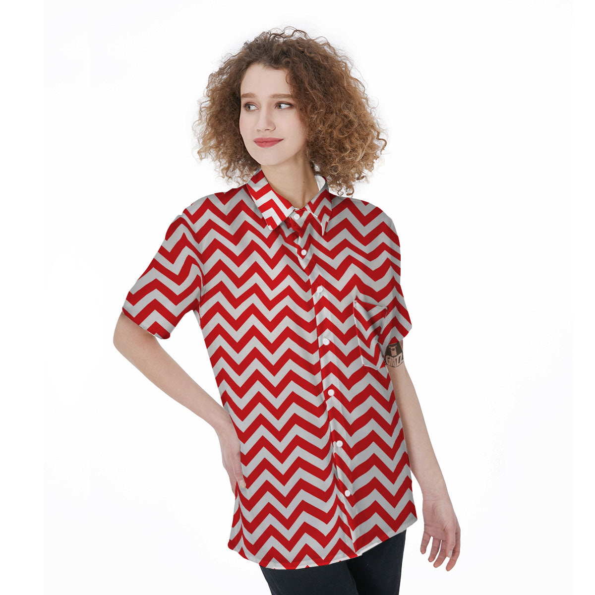 Red Zigzag Print Pattern Women's Short Sleeve Shirts-grizzshop