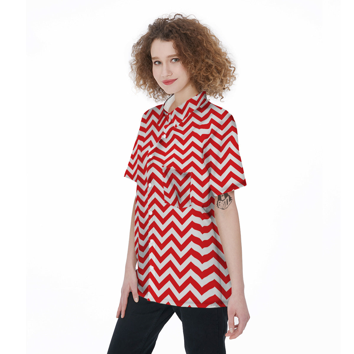 Red Zigzag Print Pattern Women's Short Sleeve Shirts-grizzshop
