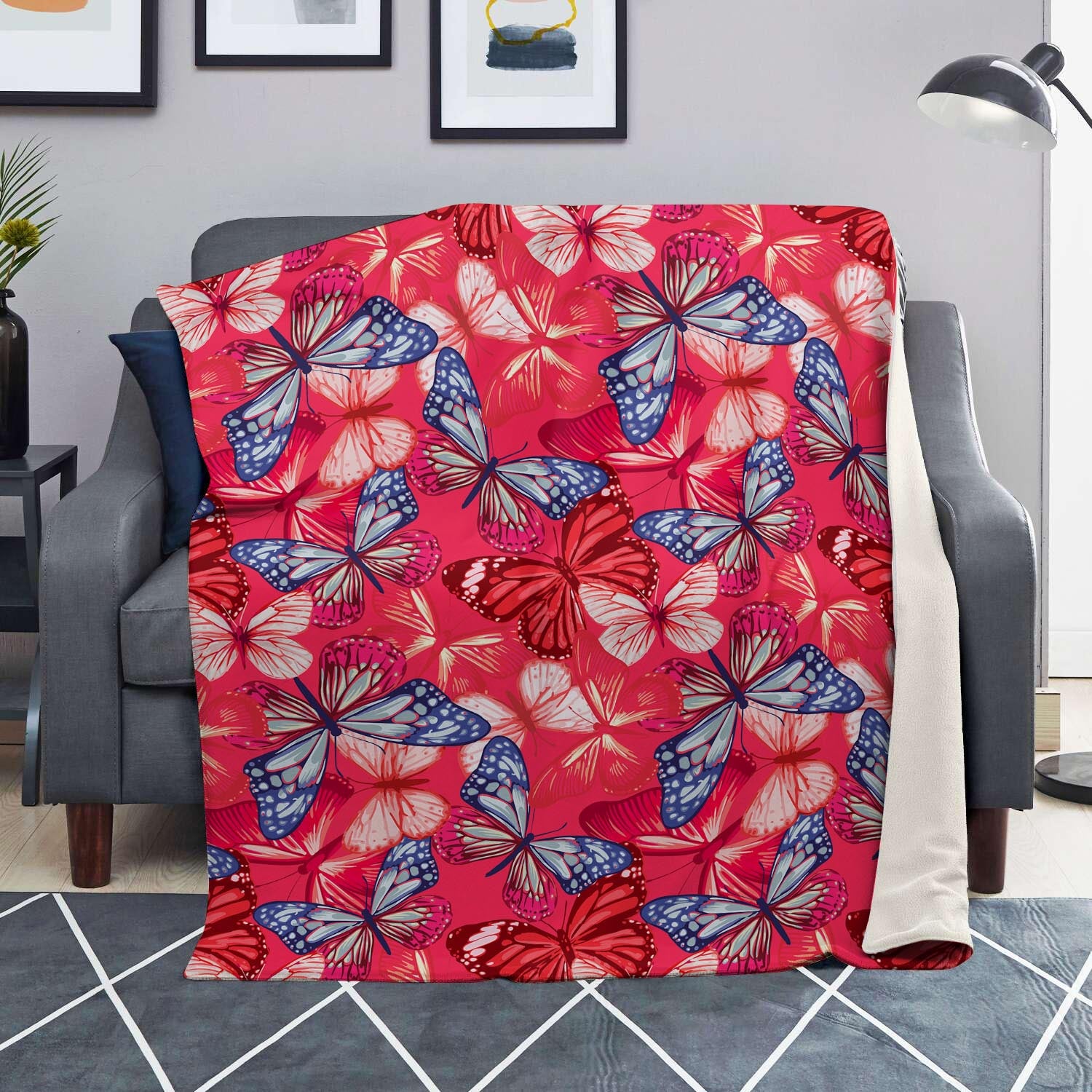 Red and Blue Butterfly Print Blanket-grizzshop