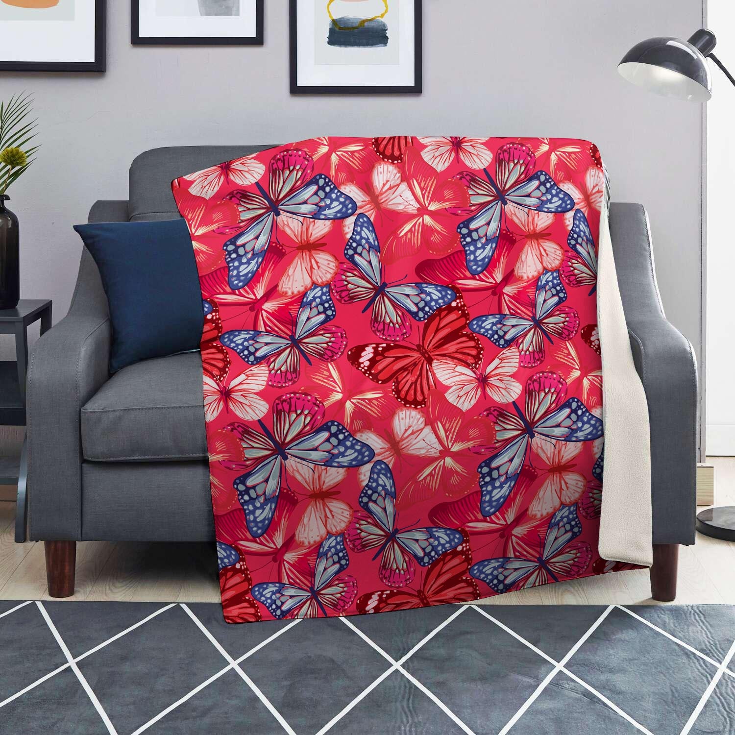 Red and Blue Butterfly Print Blanket-grizzshop