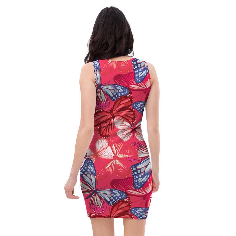 Red and Blue Butterfly Print Bodycon Dress-grizzshop