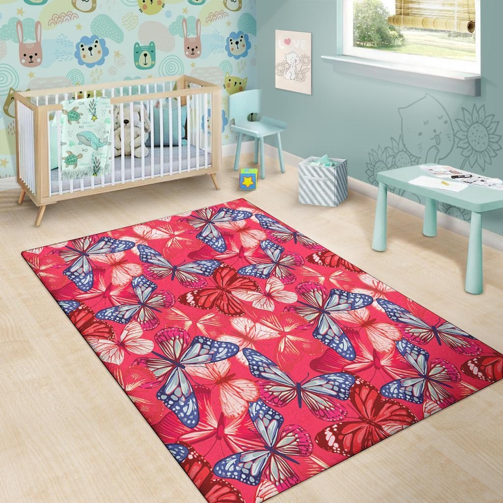 Red and Blue Butterfly Print Floor Mat-grizzshop