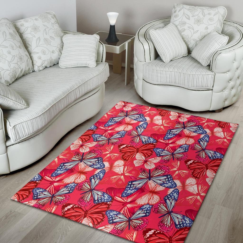 Red and Blue Butterfly Print Floor Mat-grizzshop