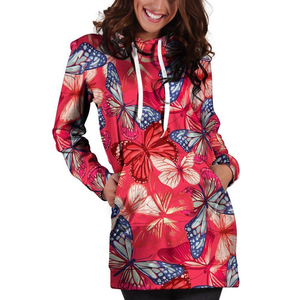 Red and Blue Butterfly Print Hoodie Dress-grizzshop