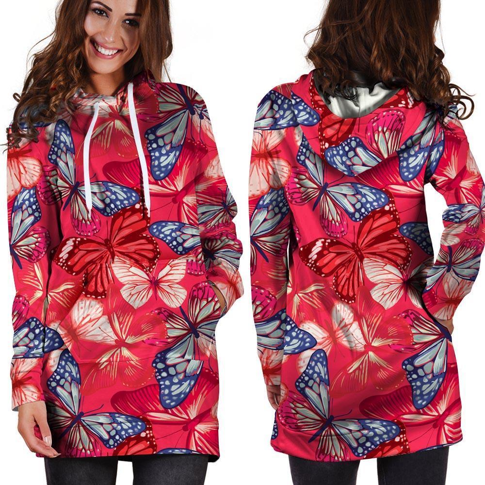 Red and Blue Butterfly Print Hoodie Dress-grizzshop