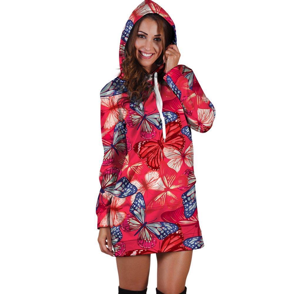 Red and Blue Butterfly Print Hoodie Dress-grizzshop