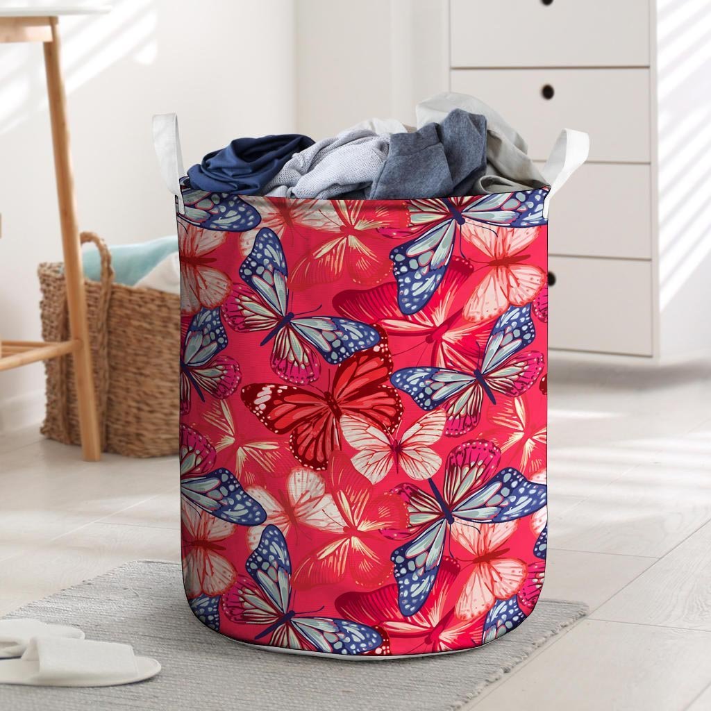 Red and Blue Butterfly Print Laundry Basket-grizzshop