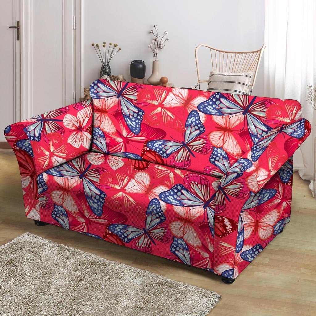 Red and Blue Butterfly Print Loveseat Cover-grizzshop