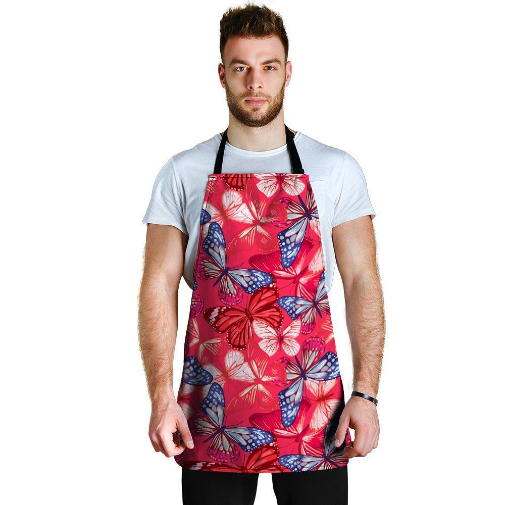 Red and Blue Butterfly Print Men's Apron-grizzshop