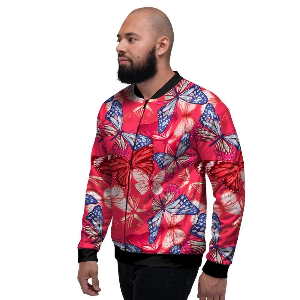 Red and Blue Butterfly Print Men's Bomber Jacket-grizzshop