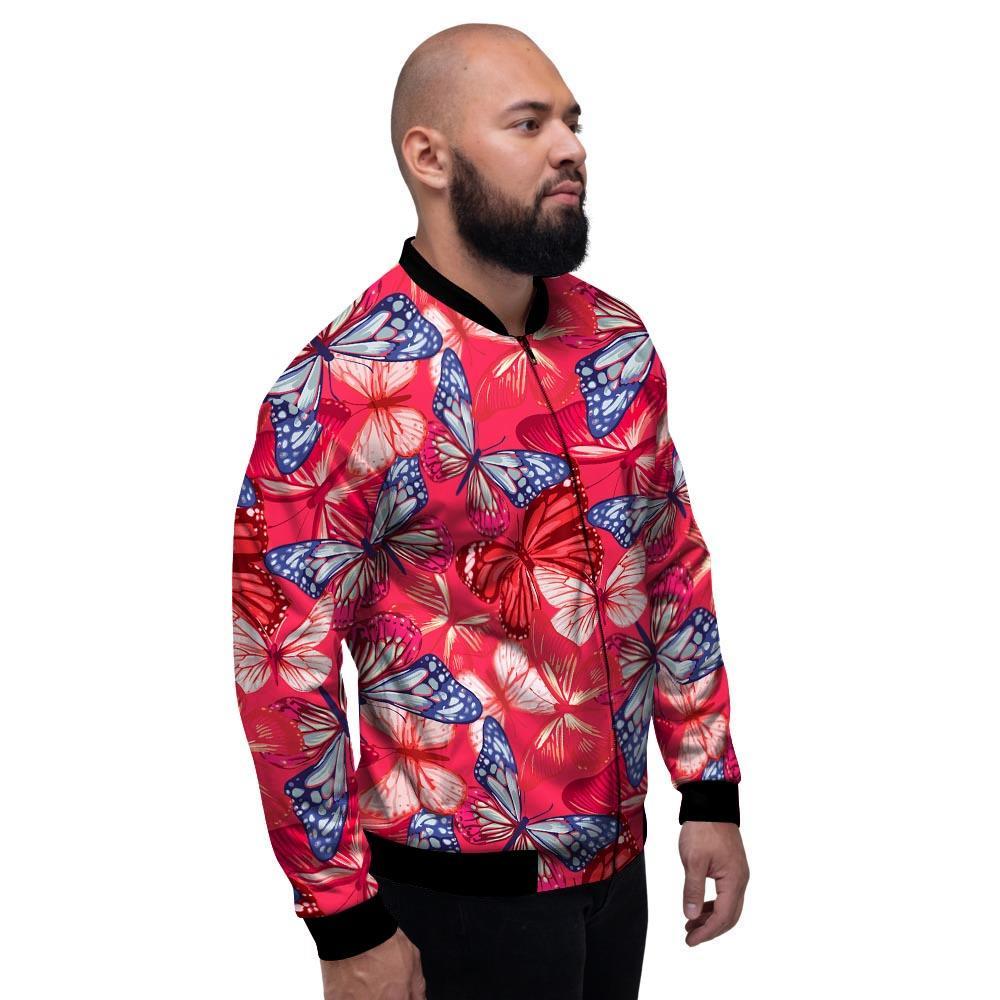 Red and Blue Butterfly Print Men's Bomber Jacket-grizzshop