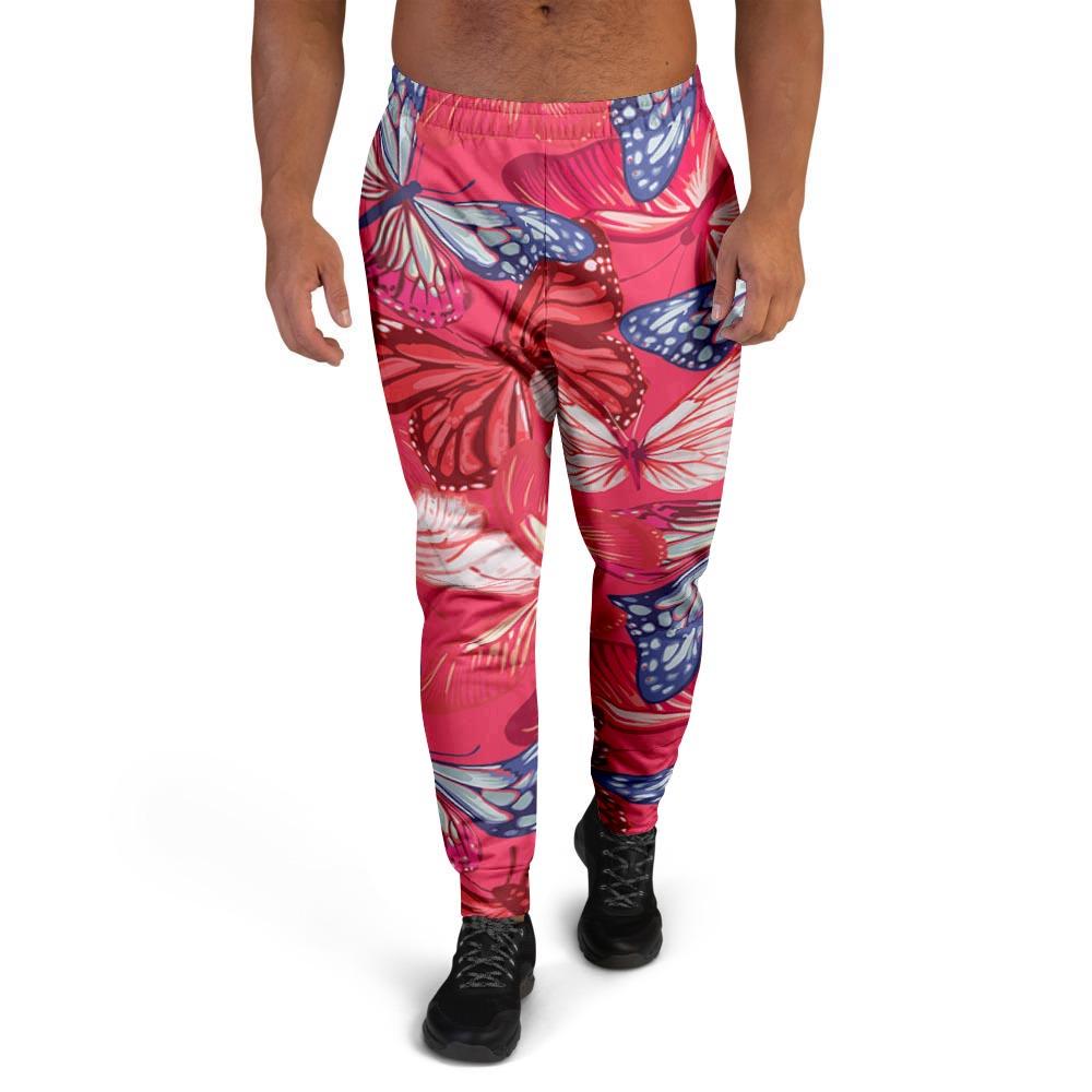 Red and Blue Butterfly Print Men's Joggers-grizzshop