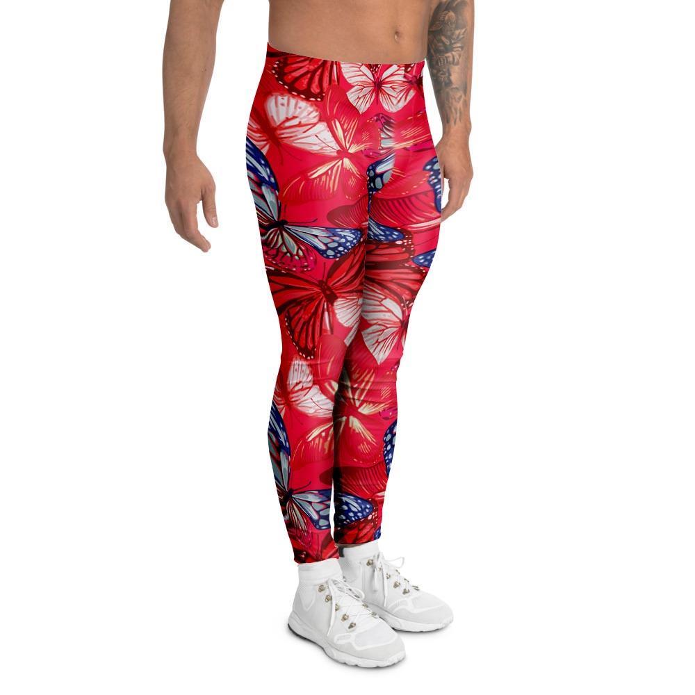 Red and Blue Butterfly Print Men's Leggings-grizzshop