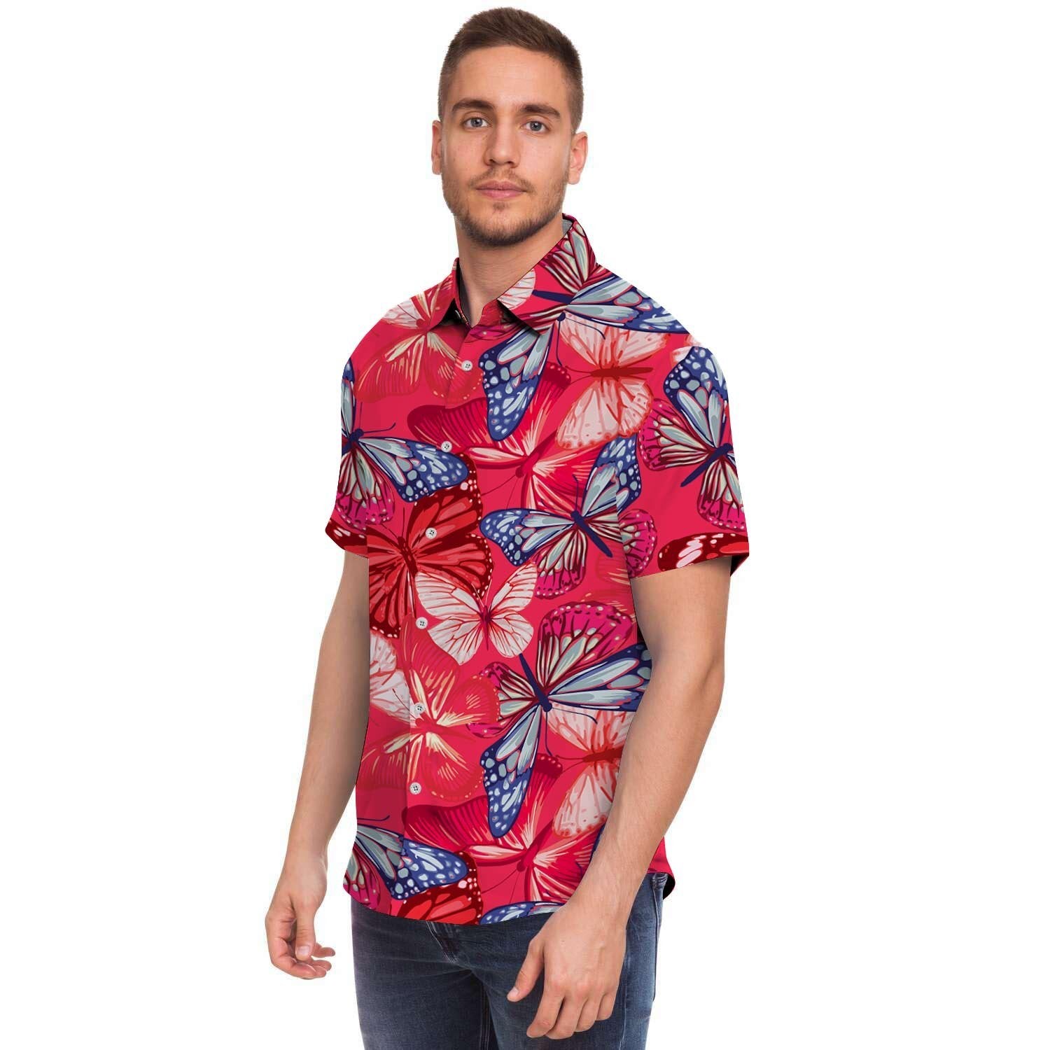 Red and Blue Butterfly Print Men's Short Sleeve Shirt-grizzshop