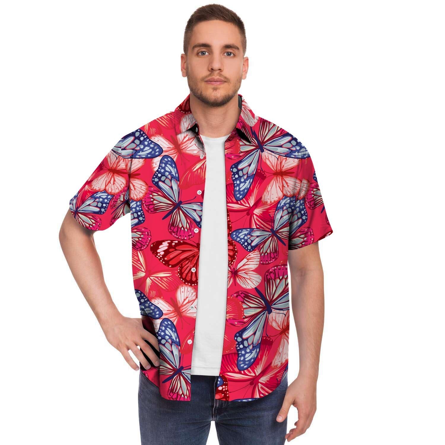 Red and Blue Butterfly Print Men's Short Sleeve Shirt-grizzshop