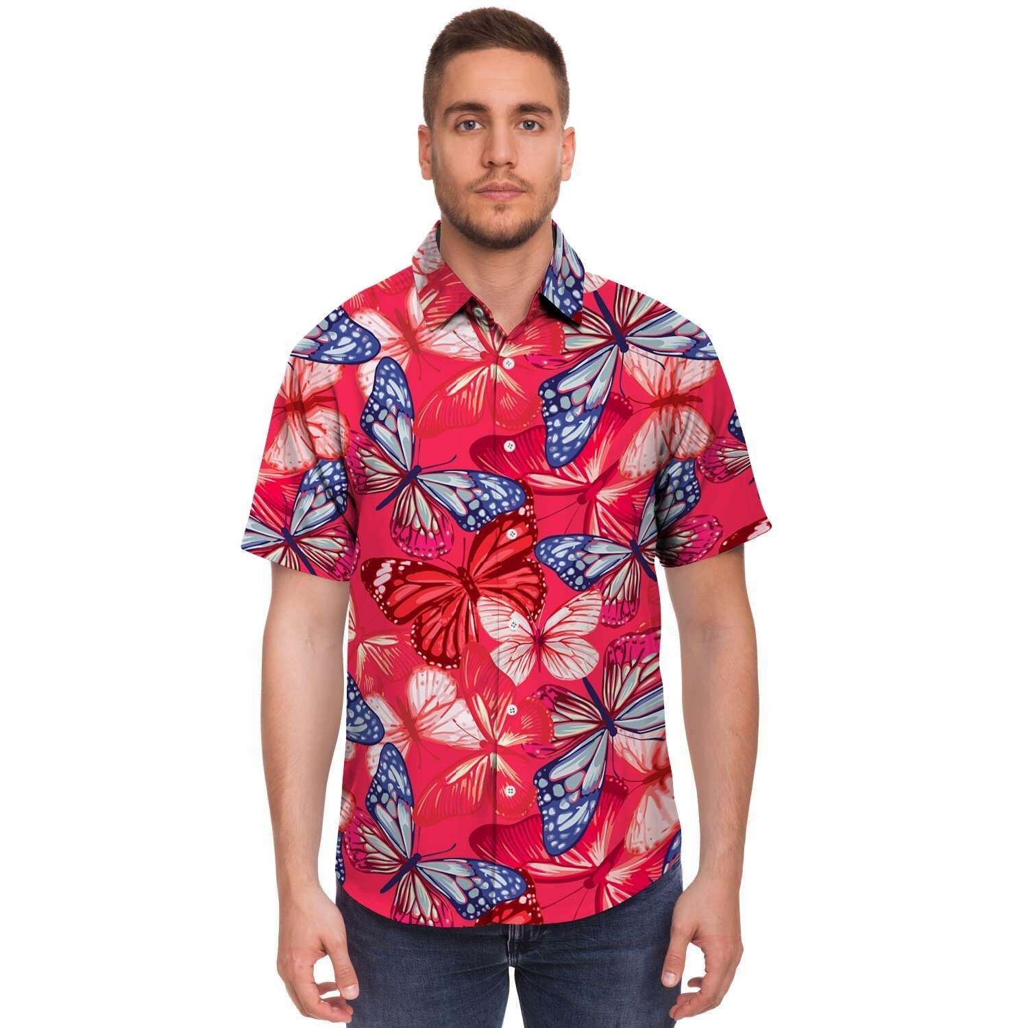Red and Blue Butterfly Print Men's Short Sleeve Shirt-grizzshop