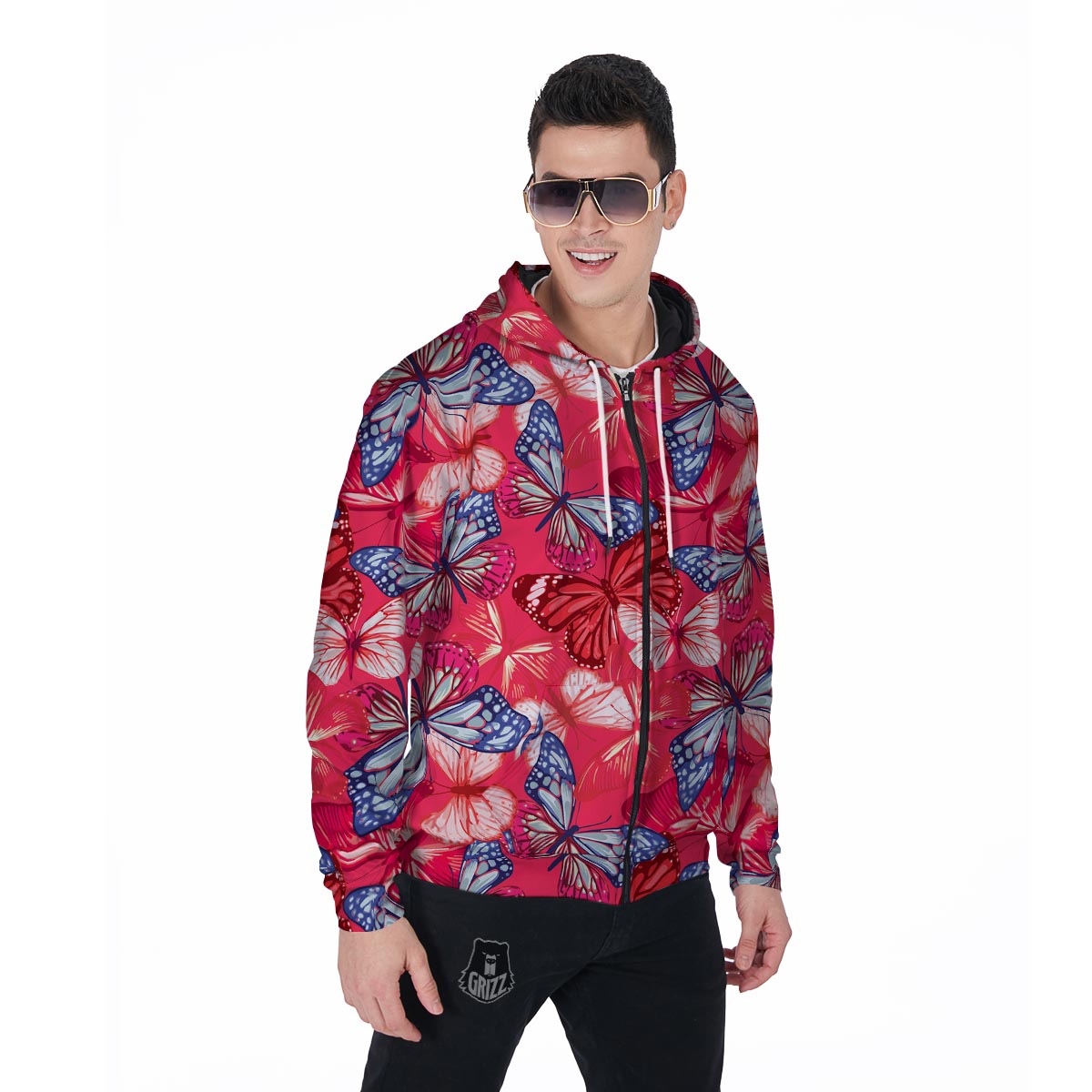 Red and Blue Butterfly Print Men's Zip Up Hoodie-grizzshop