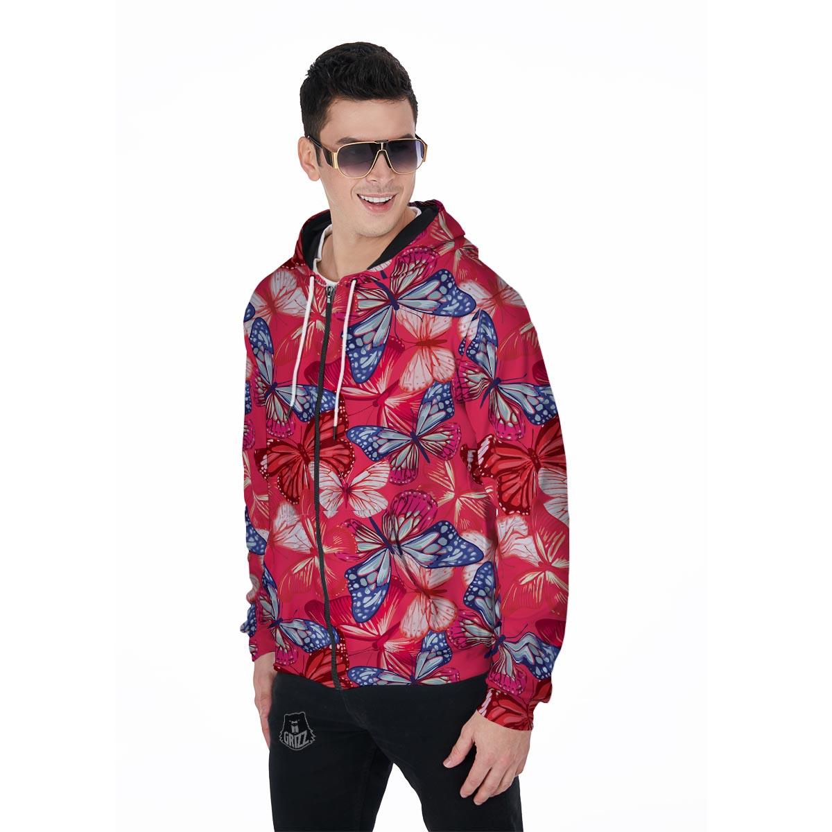 Red and Blue Butterfly Print Men's Zip Up Hoodie-grizzshop