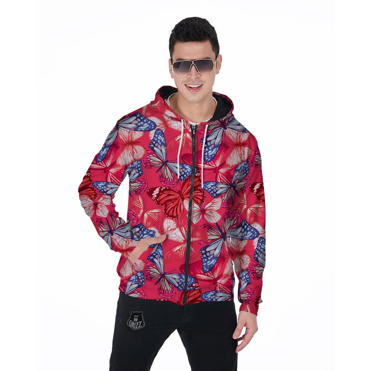 Red and Blue Butterfly Print Men's Zip Up Hoodie-grizzshop