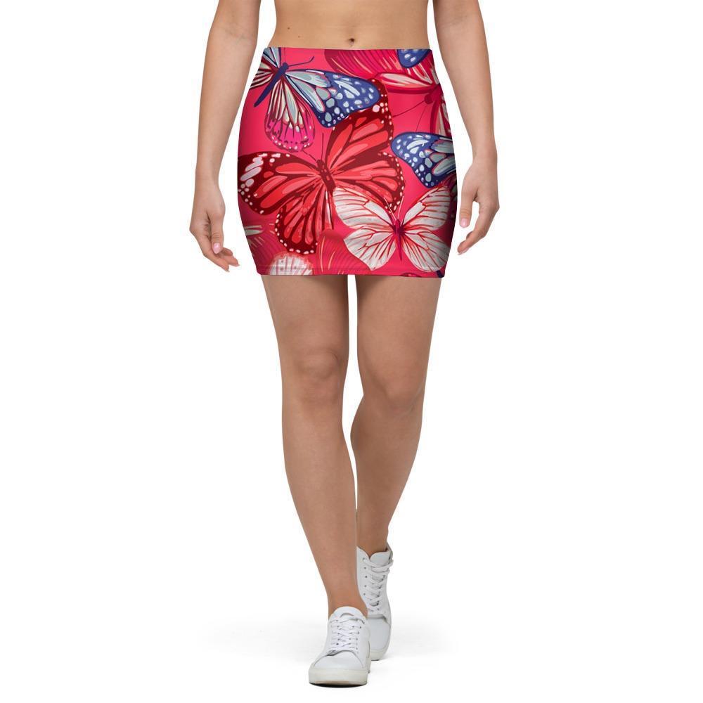 Red and Blue Butterfly Print Mini Skirt-grizzshop