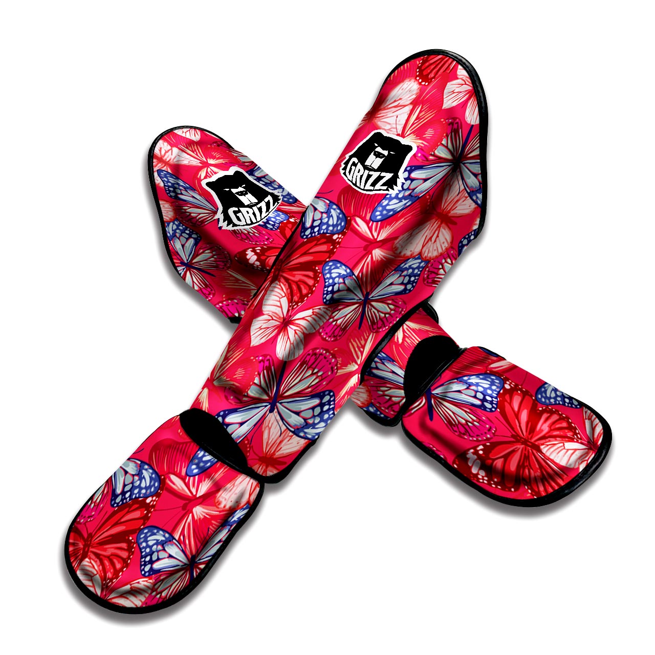 Red and Blue Butterfly Print Muay Thai Shin Guard-grizzshop