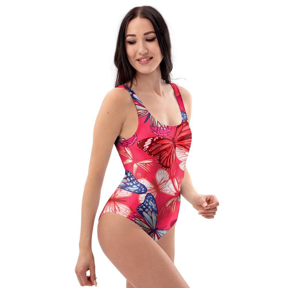 Red and Blue Butterfly Print One Piece Swimsuite-grizzshop