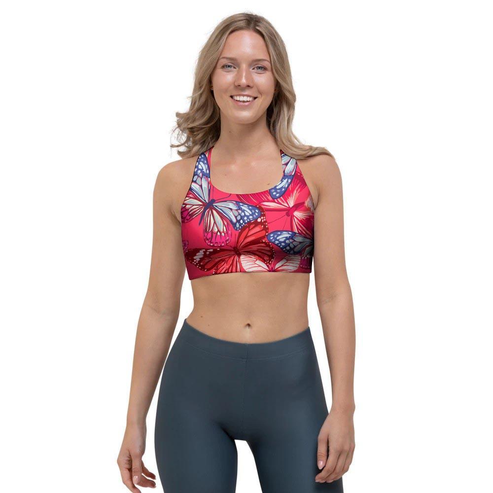 Red and Blue Butterfly Print Sports Bra-grizzshop