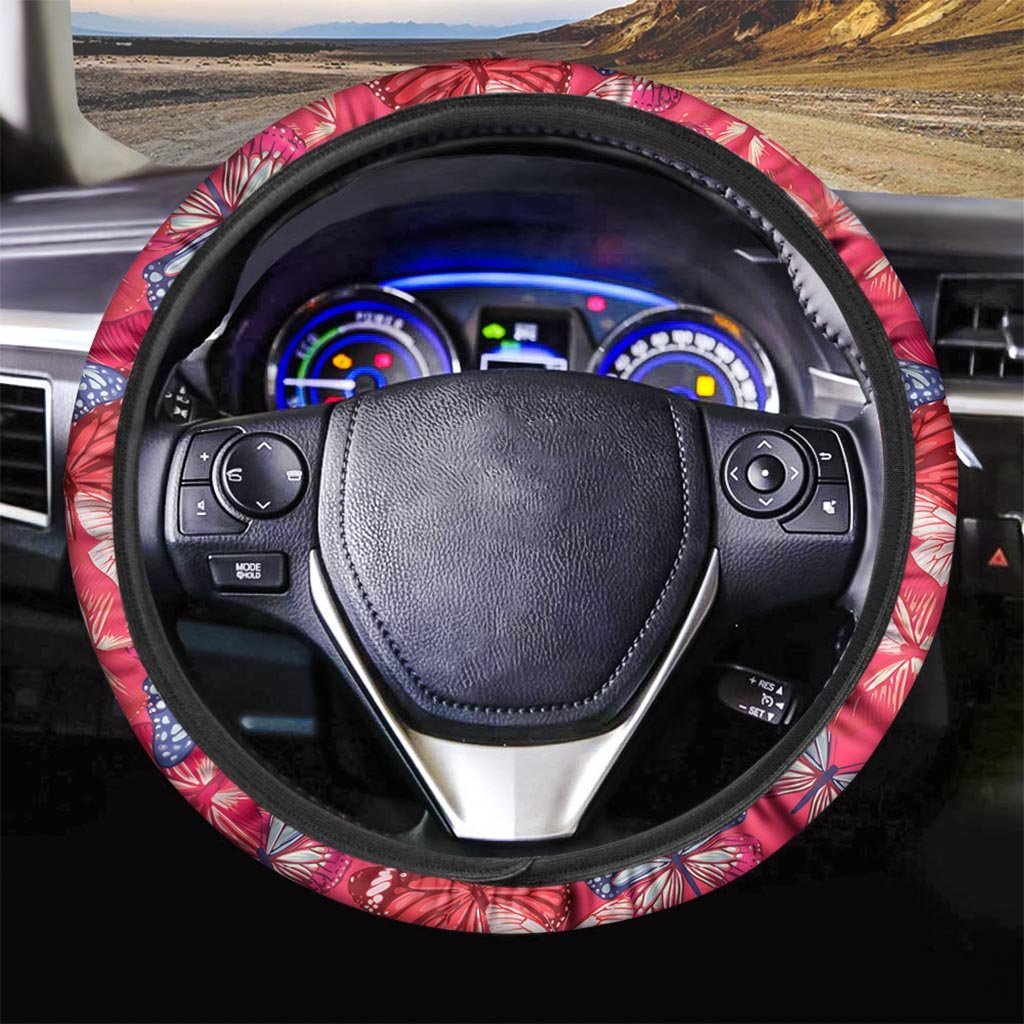 Red and Blue Butterfly Print Steering Wheel Cover-grizzshop