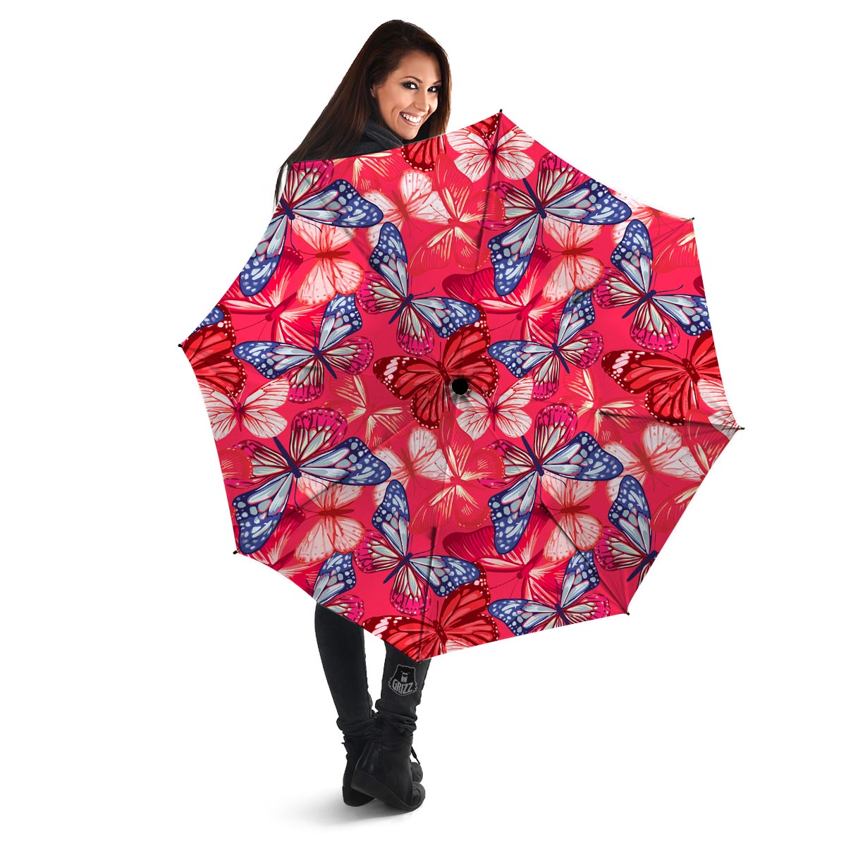 Red and Blue Butterfly Print Umbrella-grizzshop