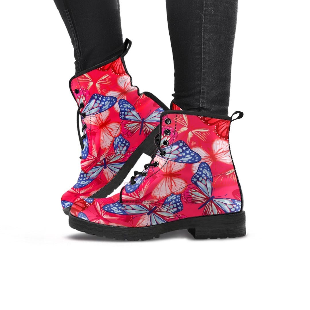 Red and Blue Butterfly Print Women's Boots-grizzshop