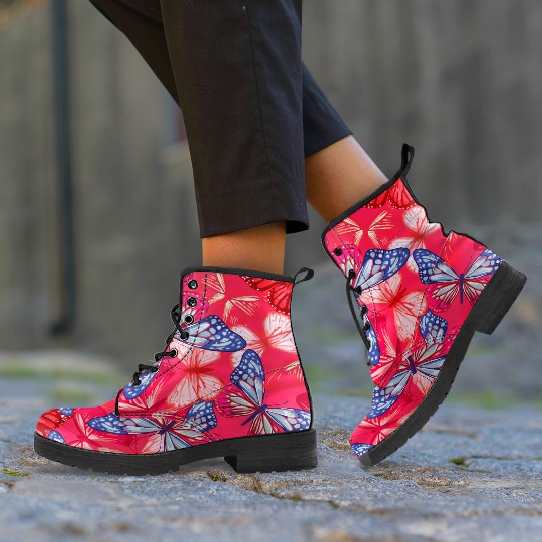 Red and Blue Butterfly Print Women's Boots-grizzshop