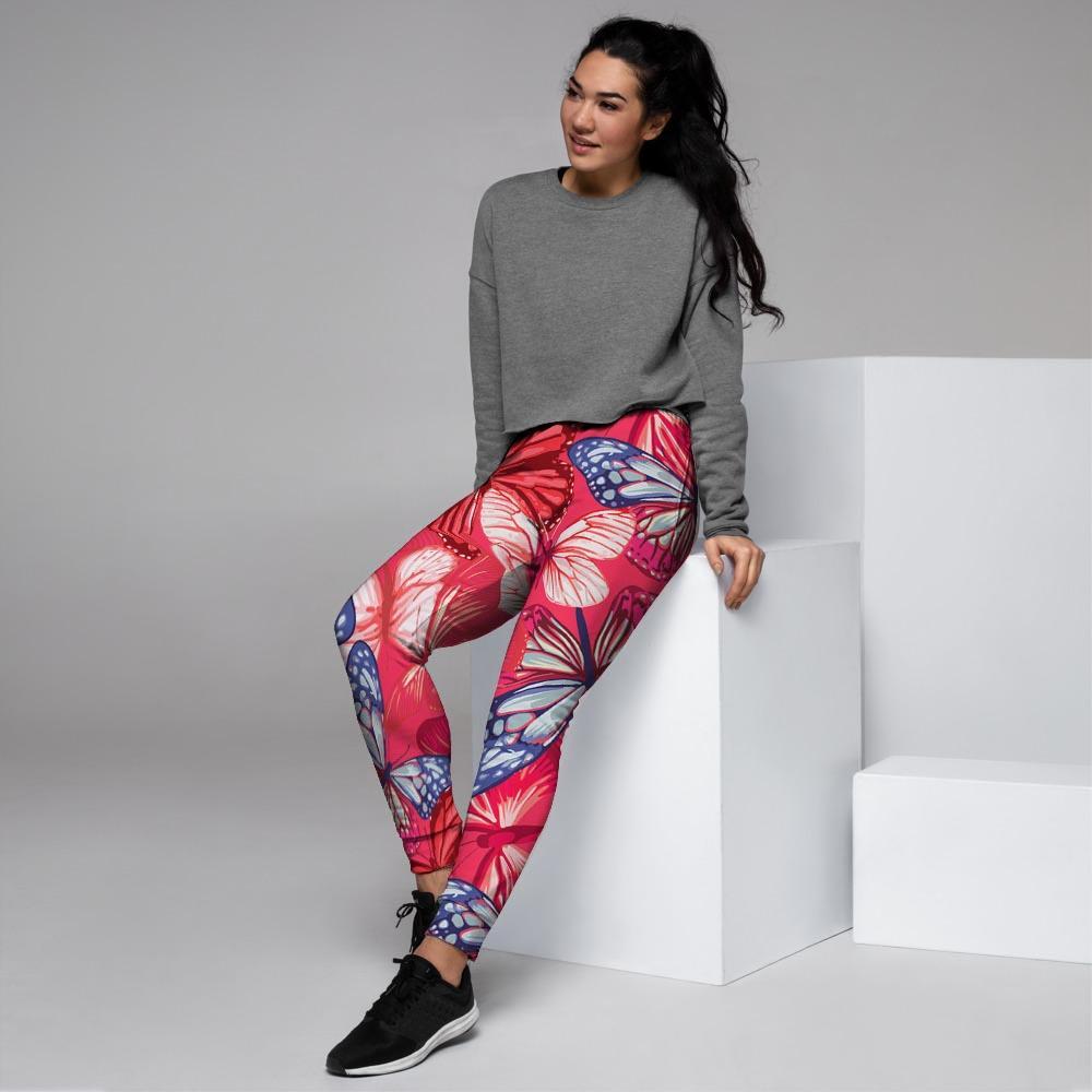 Red and Blue Butterfly Print Women's Joggers-grizzshop