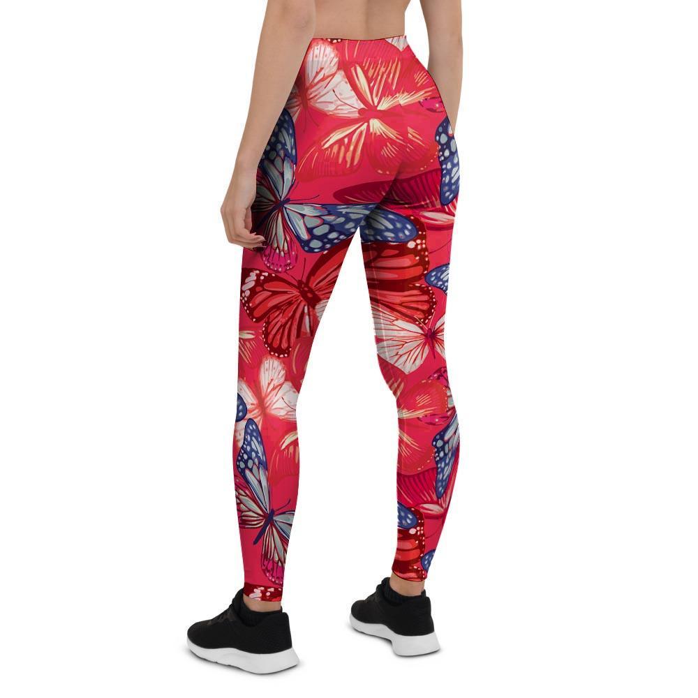 Red and Blue Butterfly Print Women's Leggings-grizzshop