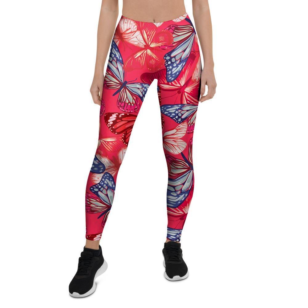 Red and Blue Butterfly Print Women's Leggings-grizzshop