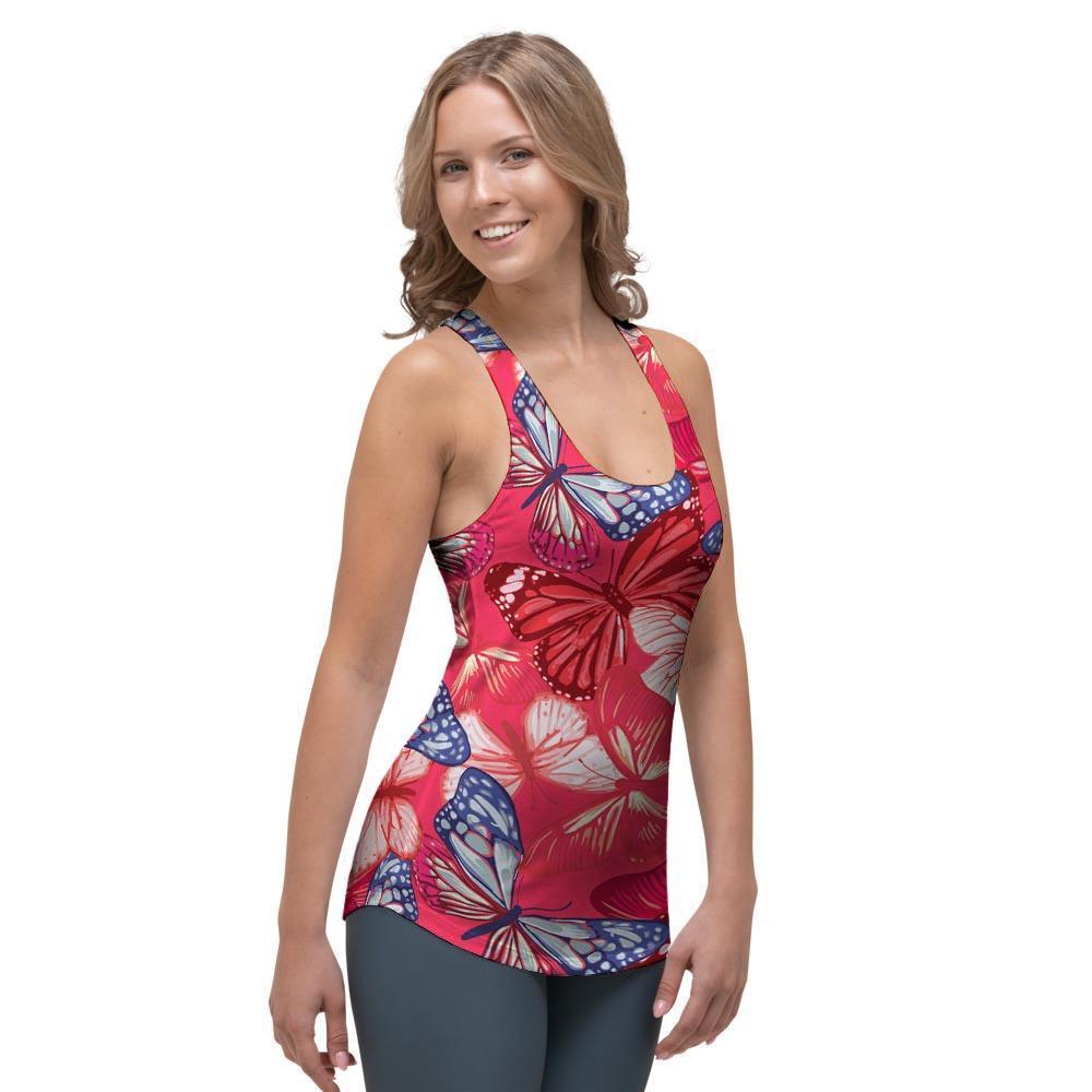 Red and Blue Butterfly Print Women's Racerback Tank Top-grizzshop