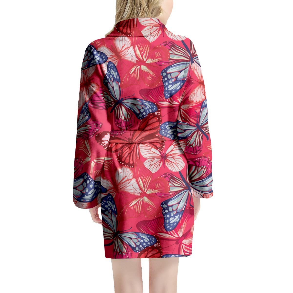 Red and Blue Butterfly Print Women's Robe-grizzshop