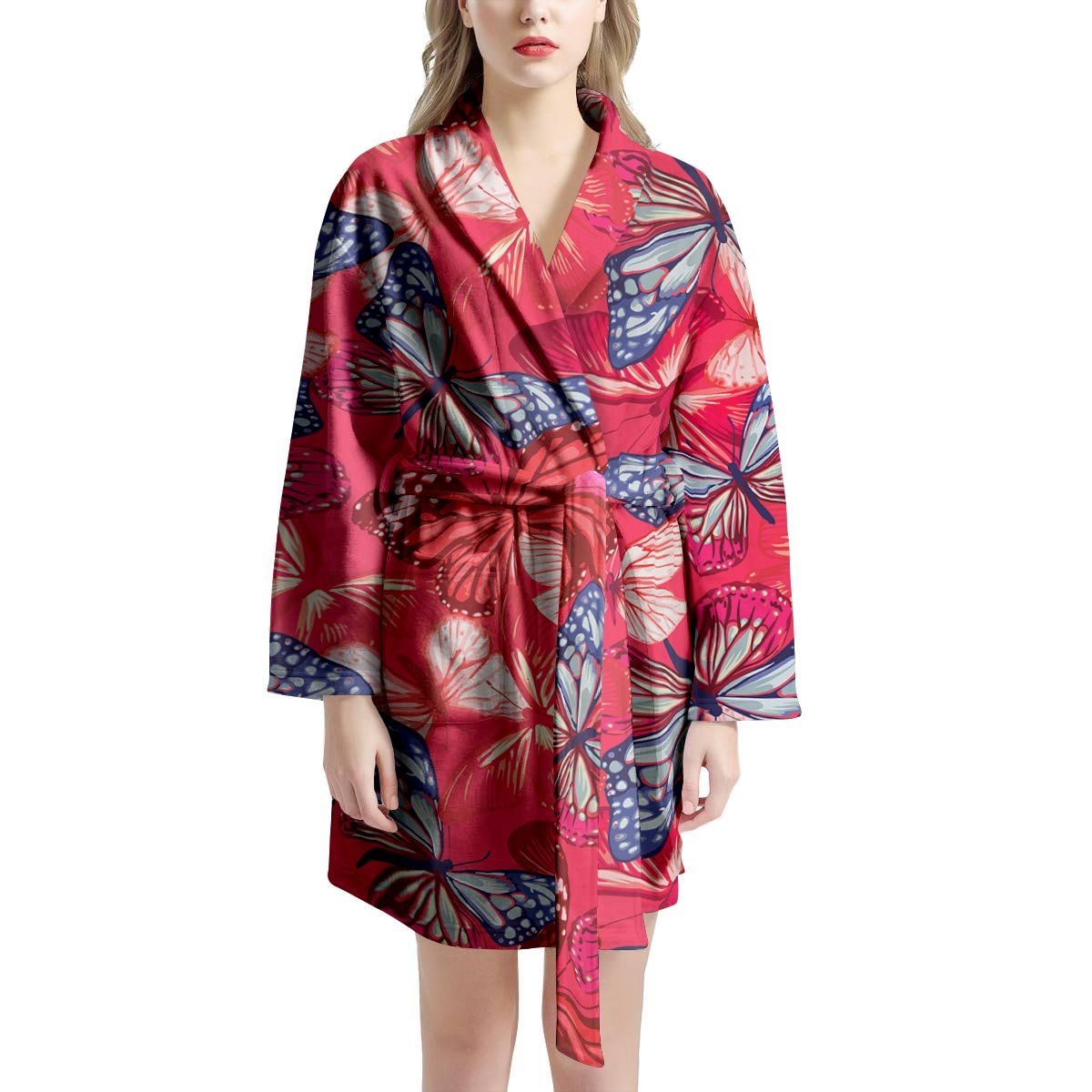 Red and Blue Butterfly Print Women's Robe-grizzshop