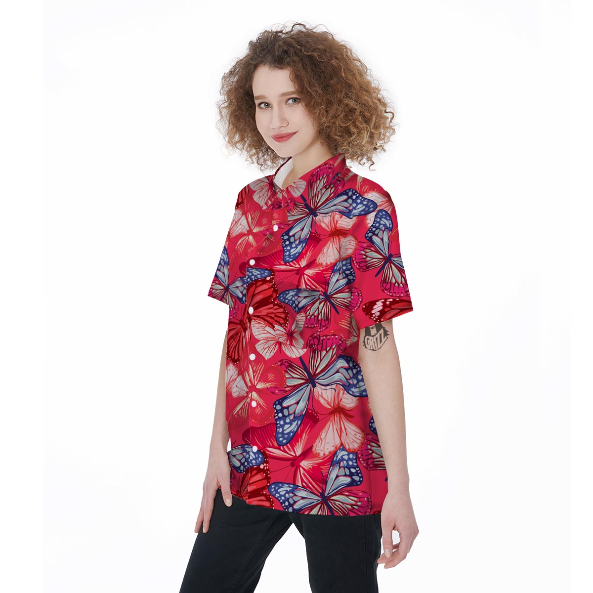 Red and Blue Butterfly Print Women's Short Sleeve Shirts-grizzshop