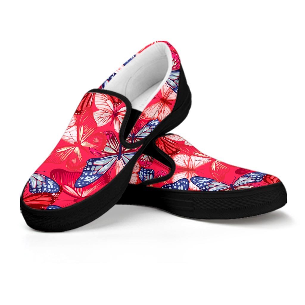 Red and Blue Butterfly Print Women's Slip On Sneakers-grizzshop