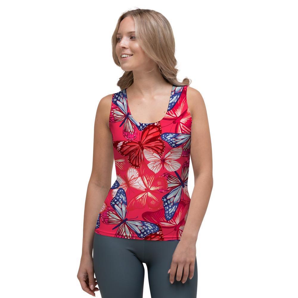 Red and Blue Butterfly Print Women's Tank Top-grizzshop