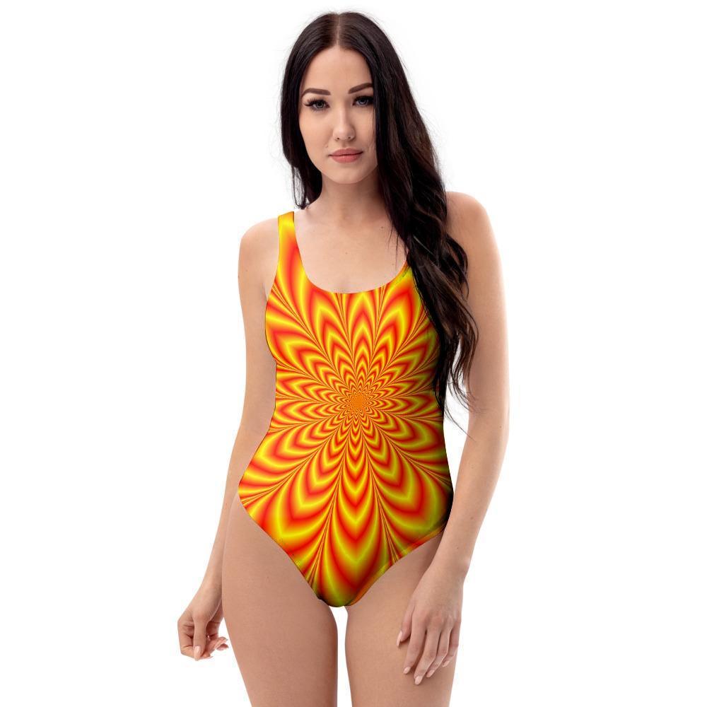 Red and Yellow Abstract Optical illusion One Piece Swimsuite-grizzshop