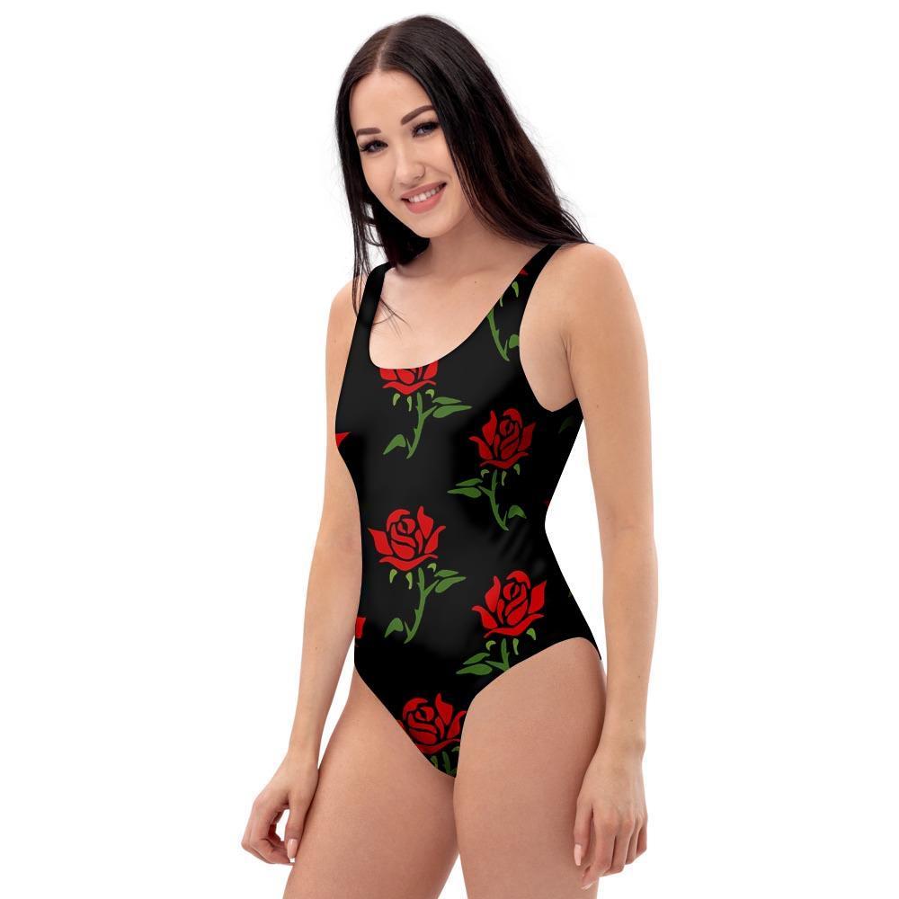 Red Doodle Rose Floral One Piece Swimsuite-grizzshop
