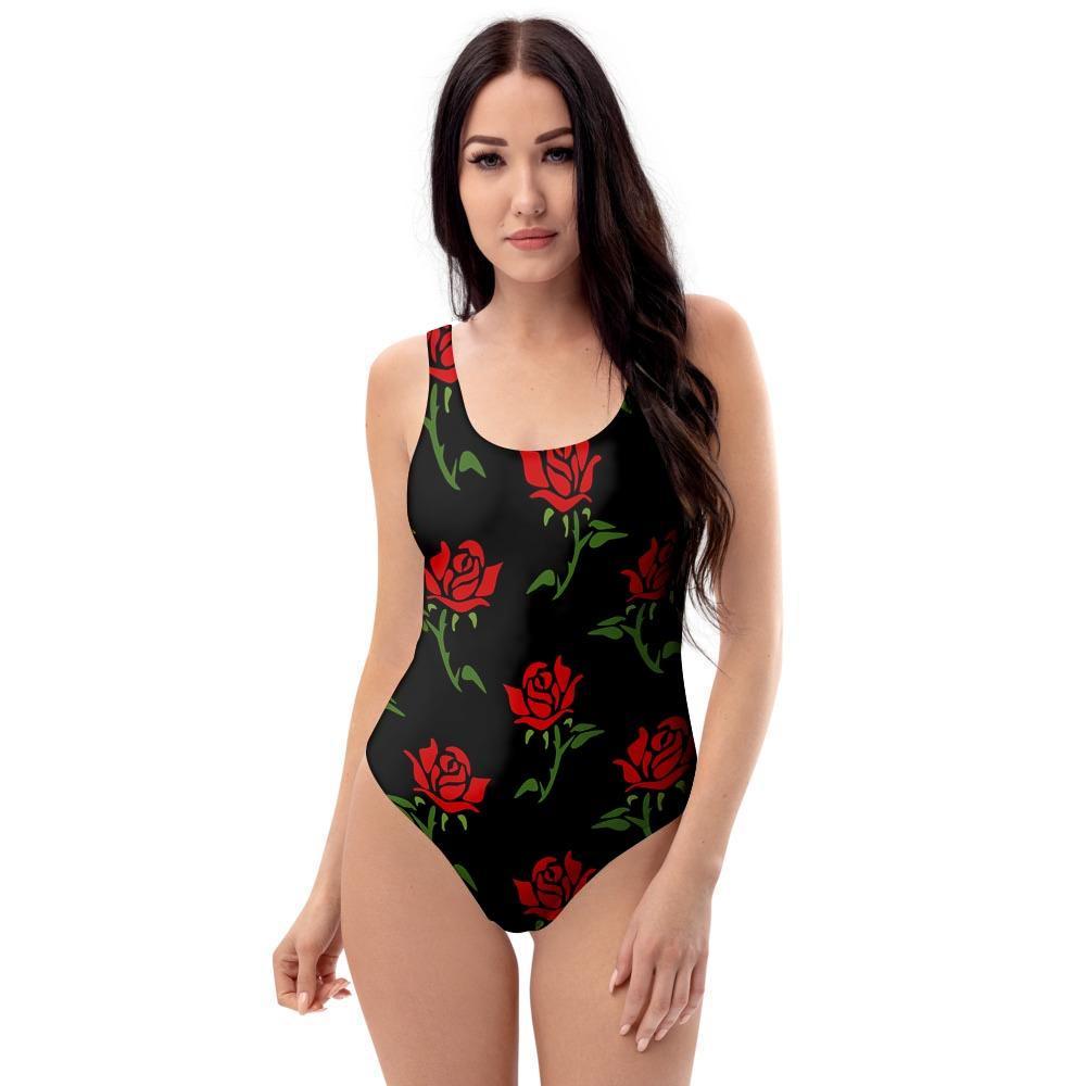 Red Doodle Rose Floral One Piece Swimsuite-grizzshop