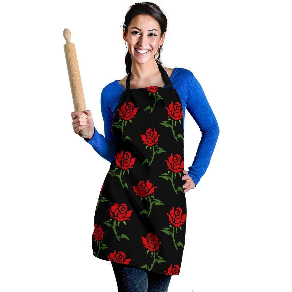 Red Doodle Rose Floral Women's Apron-grizzshop