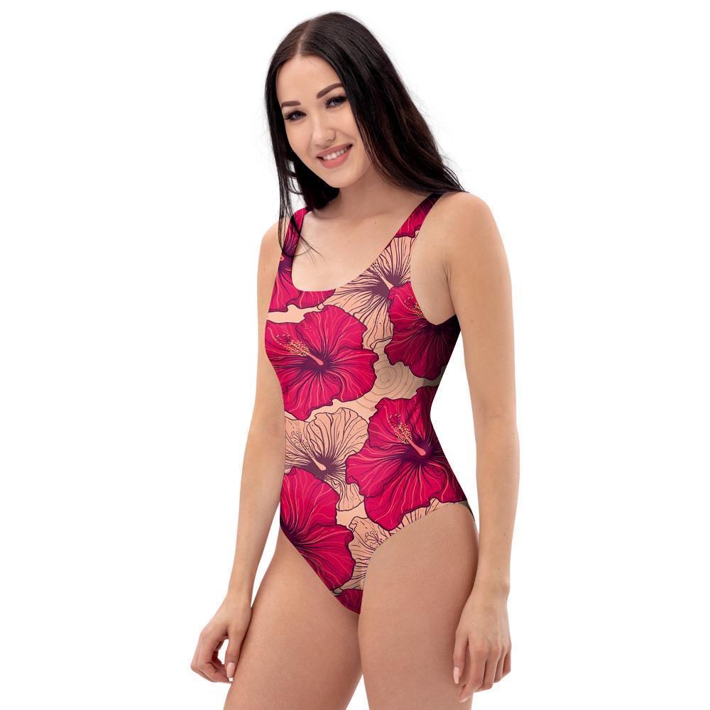 Red Hibiscus Flower Print One Piece Swimsuite-grizzshop