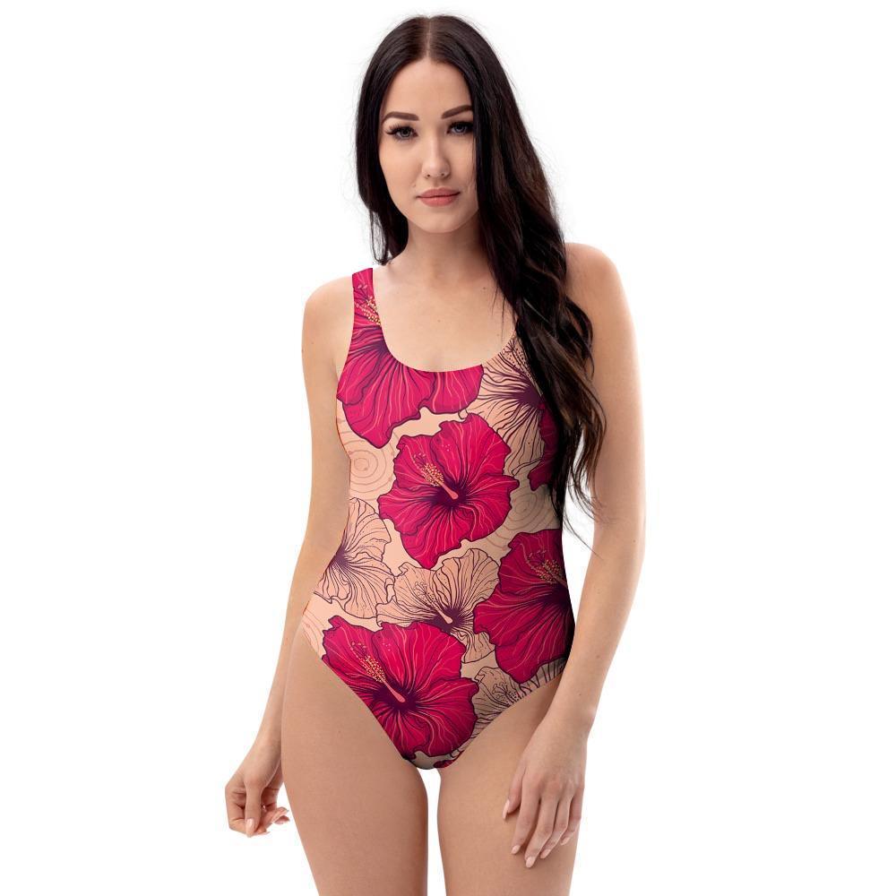 Red Hibiscus Flower Print One Piece Swimsuite-grizzshop