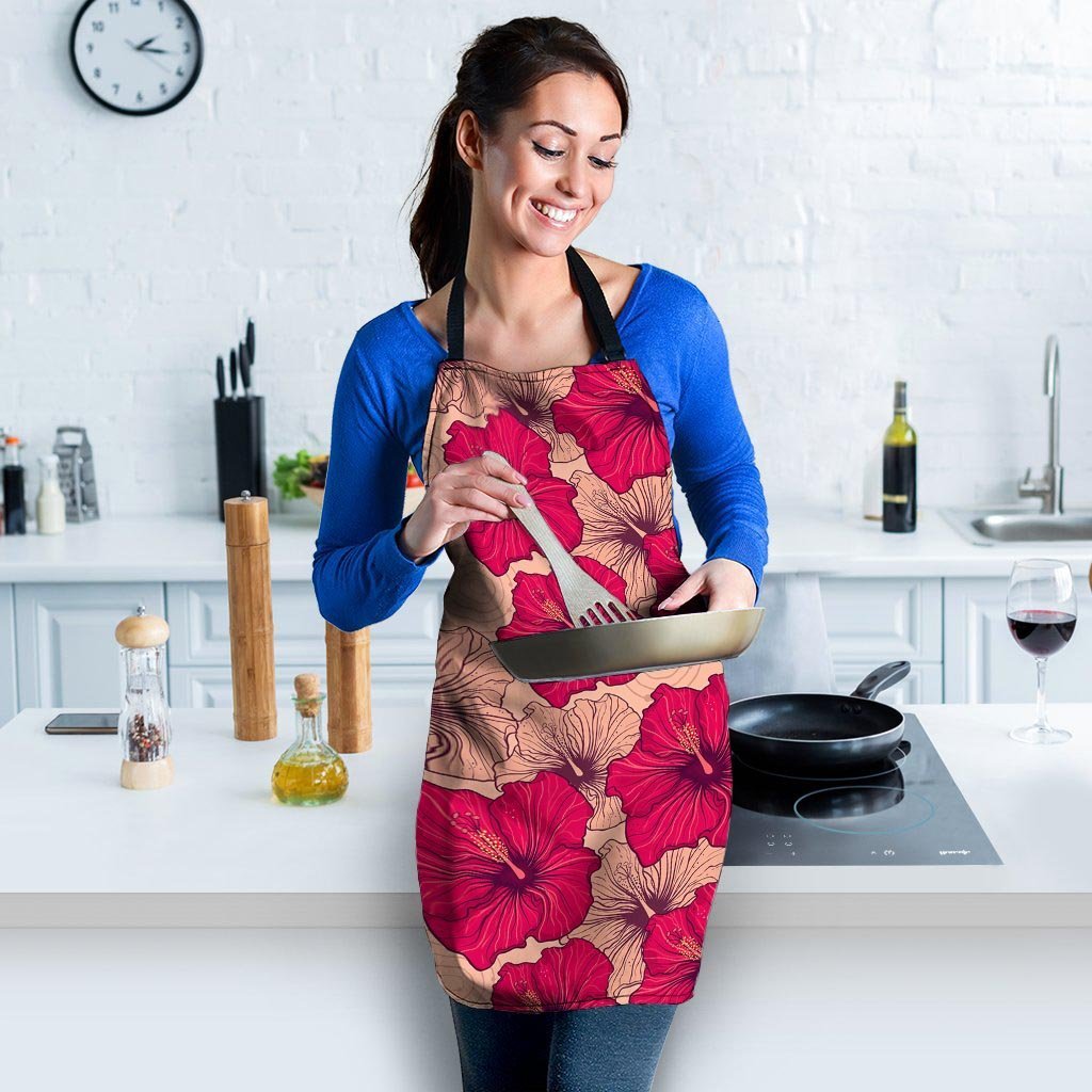 Red Hibiscus Flower Print Women's Apron-grizzshop