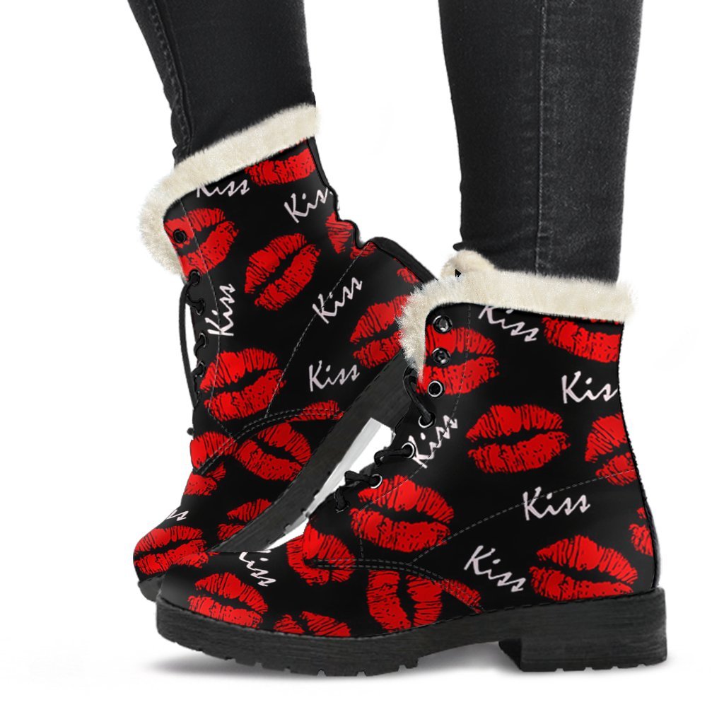 Red Lips Kiss Pattern Print Comfy Winter Boots-grizzshop