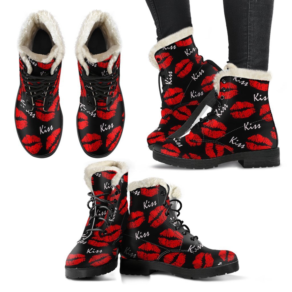 Red Lips Kiss Pattern Print Comfy Winter Boots-grizzshop